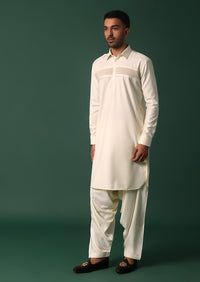 Ivory White Pathani Kurta Set WIth Pintuck Detailing