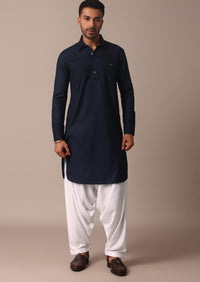 Blue Pathani Kurta Set With Pintuck Detailing