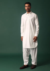 White Pathani Kurta Set With Pintuck Detailing Work