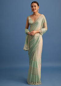 Mint Green Satin Saree With Thread And Stone Work Border With Unstitched Blouse