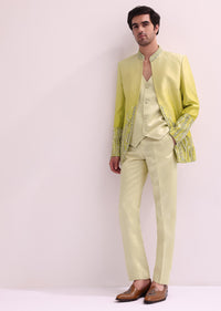 Lime Hand Embellished Open Jacket With Waistcoat And Pants