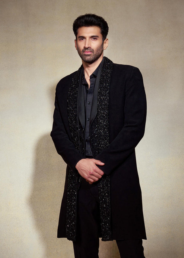 Aditya Roy Kapur In Our Black Double Layered Indo Western Jacket With Shirt And Pant