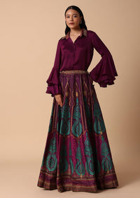 Dark Puple Printed Lehenga With Embroidered Collar