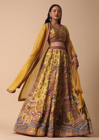 Yellow Printed Lehenga With Embroidered Choli And Jacket