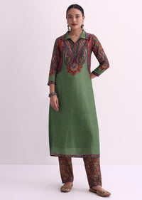 Mehendi Green Sequin Embroidered Silk Kurta With Printed Pant Set