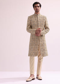 Beige High Collar Silk Sherwani And Kurta Set