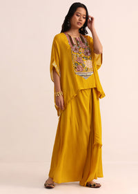 Mustard Yellow Georgette Skirt And Cape In Resham Work