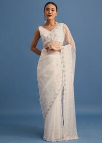 White Organza Saree With Beads And Stone Scallop Border And Unstitched Blouse