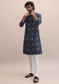 Blue Bandhani Printed Cotton Kurta Set For Men