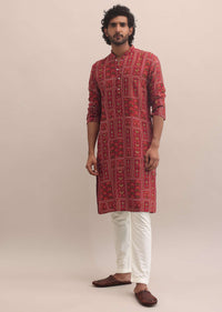 Red Printed Cotton Kurta Set For Men