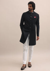 Black Sherwani With Intricate Embroidered Collar For Men