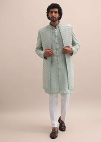 Pista Green Moti Embroidered Indowestern For Men