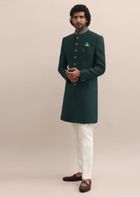 Dark Green Moti Embroidered Sherwani For Men