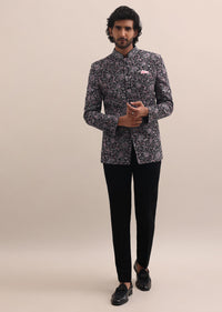 Black Floral Thread Embroidered Jodhpuri Suit For Men