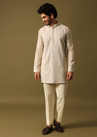 Beige Cotton Kurta Set With Resham Work For Men