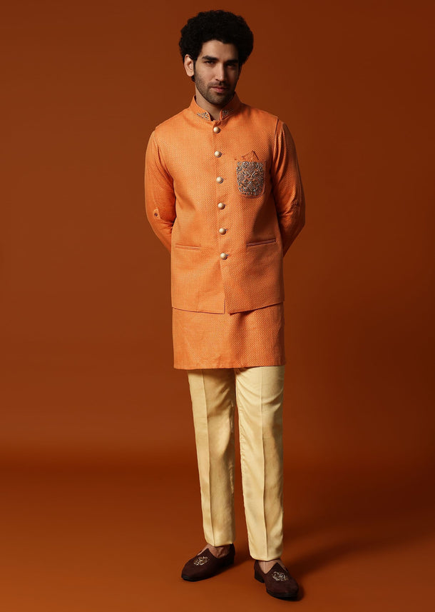 Orange Linen Kurta Jacket Set For Men