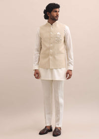 Beige Embroidered Silk Kurta Jacket Set For Men