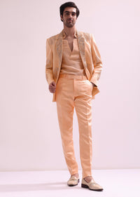 Peach Shawl Lapel Embellished Tuxedo With Shirt And Pants