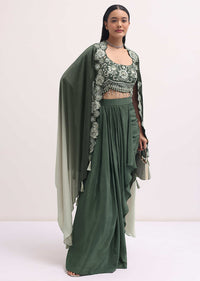 Green Satin Skirt With Embroidered Choli And Cape