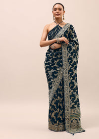 Peacock Blue Saree In Zari Jaal With Unstitched Blouse