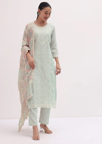 Ice Blue Embroidered Cotton Kurta Pant Set