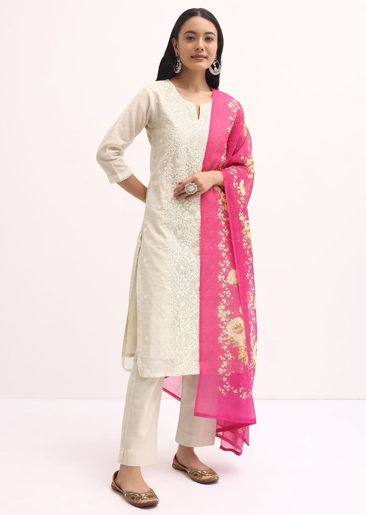 Beige Thread Work Linen Kurta Set With Dupatta