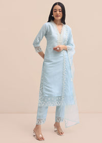Blue Organza Kurta Pant Set With Lace Work