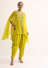 Yellow  Embroidered Organza Crop Top Set With Cape