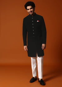 Black Self Work Sherwani Set For Men