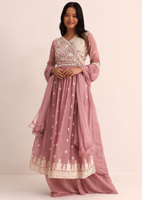 Lavender Kurta Palazzo With Dupatta In Resham Work