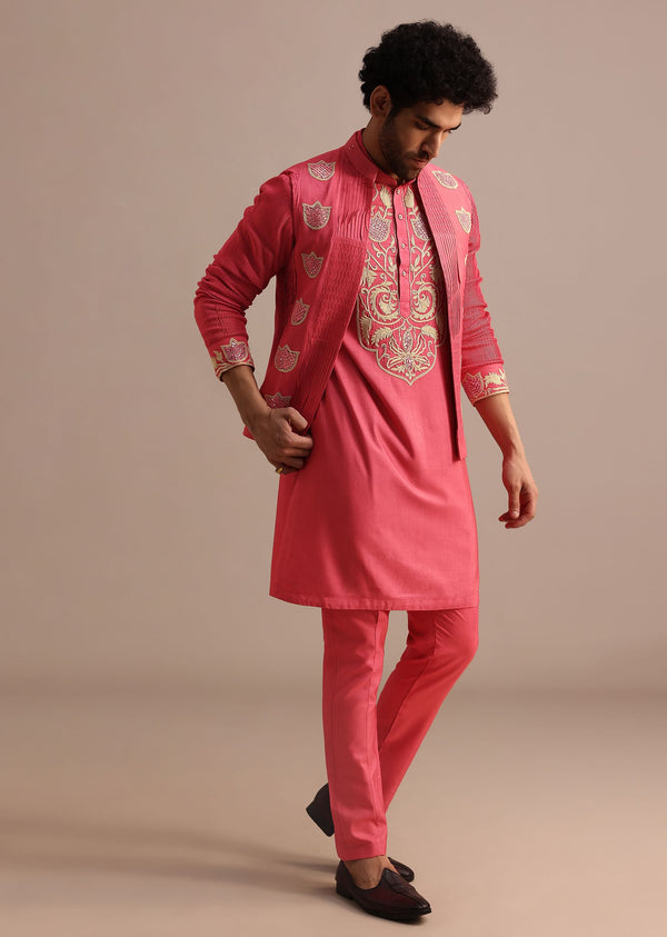 Dark Pink Embroidered Silk Kurta Jacket Set For Men