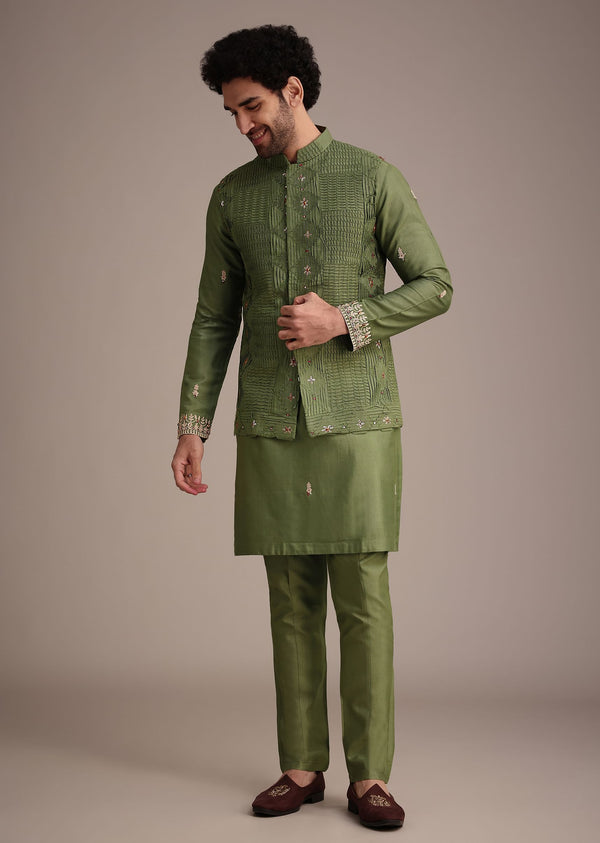 Olive Green Mirror Embroidered Kurta Jacket Set