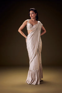 Frosted Ivory Satin Ruffled Saree Set