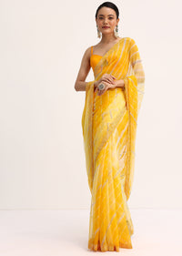 Yellow Chiffon Leheriya Tie Dye Saree With Unstitched Blouse