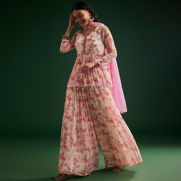 Pink Floral Printed Peplum Kurta Palazzo With Dupatta