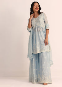 Sky Blue Chiffon Kurta Sharara With Dupatta In Thread Work