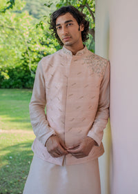 Peach Raw Silk Resham Zardosi Handwork Kurta Jacket Set