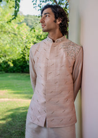 Peach Raw Silk Resham Zardosi Handwork Kurta Jacket Set