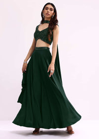 Green Embroidered Net Crop Top And Palazzo Set