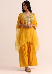 Yellow Embroidered Silk Crop Top Palazzo And Cape