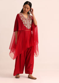 Red Embroidered Silk Crop Top Palazzo And Cape