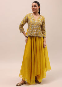 Mustard Yellow Embroidered Silk Crop Top And Palazzo Set