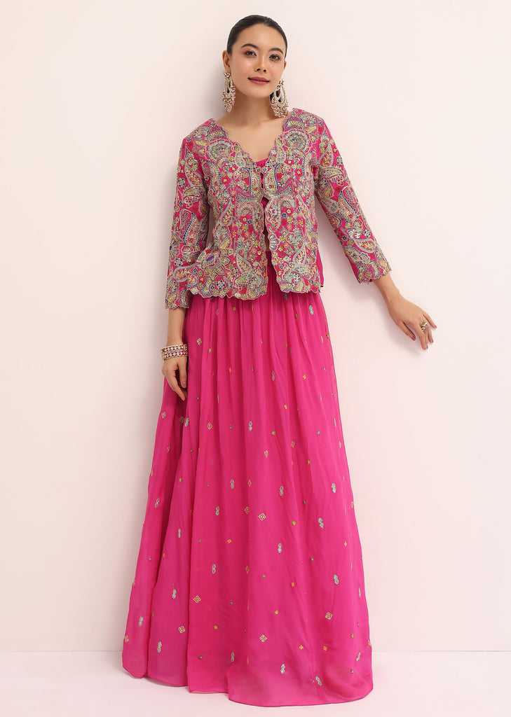 Pink Embroidered Lehenga Set With Jacket