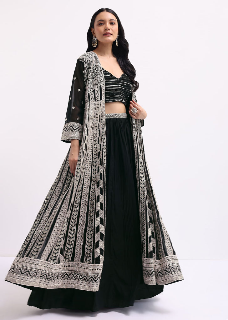 Black Embroidered Georgette Lehenga Choli And Jacket