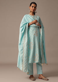 Blue Kurta Pant Set In Resham Work With Dupatta