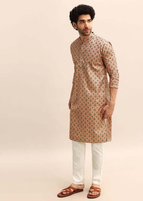 Pink Printed Kurta Pant Set For Men