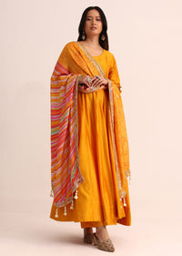 Orange Embroidered Chanderi Anarkali Set With Bandhani And Leheriya Dupatta