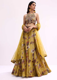 Mustard Yellow Embroidered Tissue Lehenga Choli Set