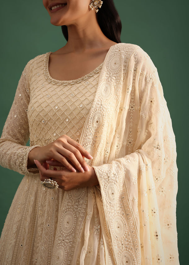 Off White Georgette Anarkali Suit With Lucknowi Work