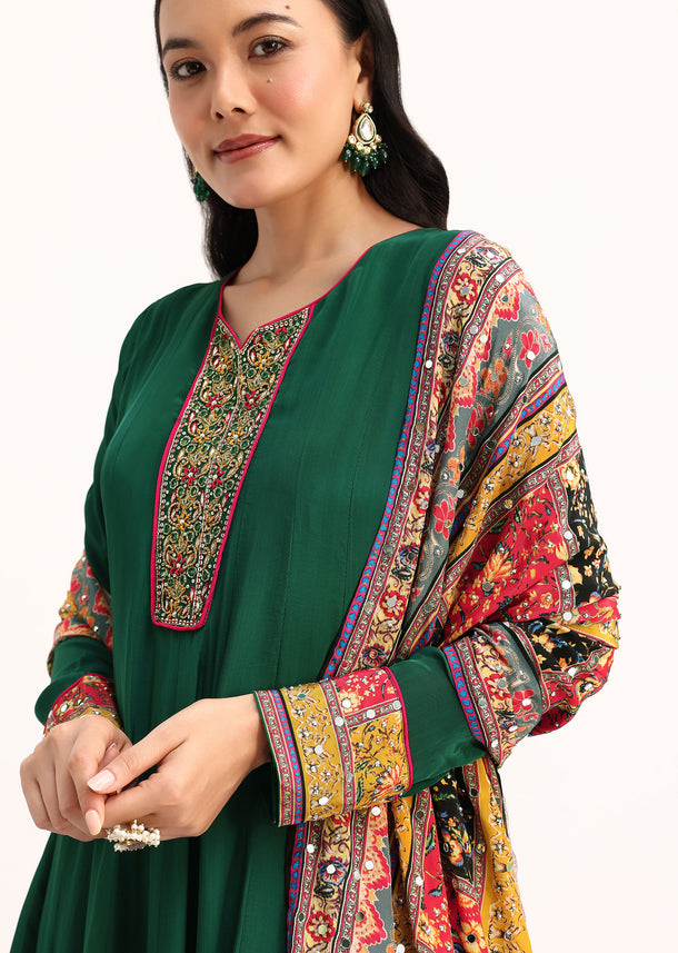 Green Embroidered Satin Kurta Palazzo With Dupatta
